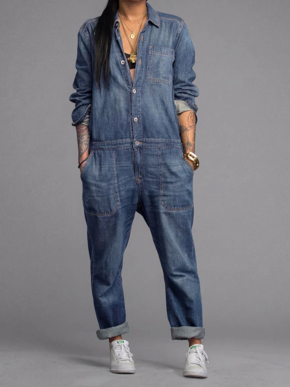 Washed Blue Denim Utility Jumpsuit